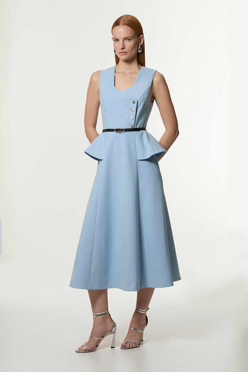 Structured Crepe Waterfall Hem High Neck Dress | Karen Millen